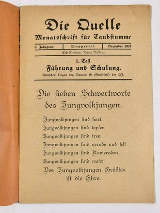 HJ/DJ, "Die Quelle - Monatsschrift für Taubstumme", 1935, 24 Seiten, DIN A5, gebraucht, letzte Seite klebt z.T. an Einband fest