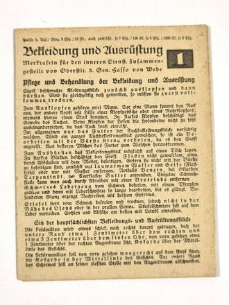 Merktafel für den Inneren Dienst Nr. 1 "Bekleidung und Ausrüstung", Hasso von Wedel, 1942, Faltblatt aus Karton, 6 Seiten, guter Zustand