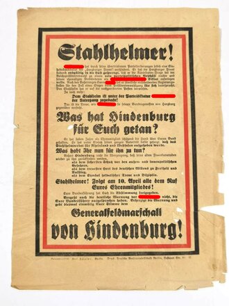Stahlhelm, Flugblatt "Stahlhelmer! - Generalfeldmarschall von Hindenburg", Reichspräsidentenwahl 30. April 1932, DIN A4, gebraucht