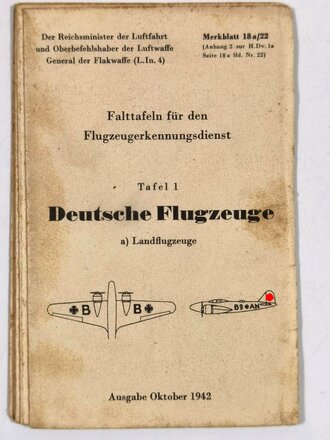 Falttafel für den Flugzeugerkennungsdienst, Tafel 1 "Deutsche Flugzeuge", Ausgabe Oktober 1942, DIN A7, gefaltet, gebraucht