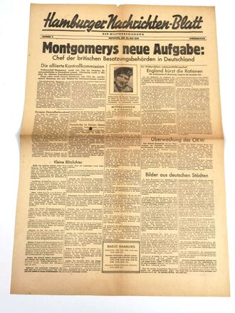 Kriegsende 1945, Hamburger-Nachrichten-Blatt der Militärregierung "Montgomerys neue Aufgabe", Nr. 11, 23. Mai 1945, gefaltet, gebraucht