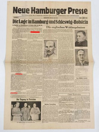 Kriegsende 1945, Neue Hamburger Presse - Zeitung der Militärregierung für Gross-Hamburg und Umgebung "Die Lage in Hamburg und Schleswig Holstein", Nr. 9, 28. Juli 1945, gefaltet, gebraucht