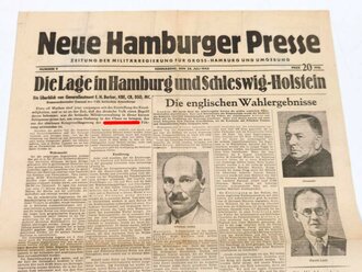 Kriegsende 1945, Neue Hamburger Presse - Zeitung der Militärregierung für Gross-Hamburg und Umgebung "Die Lage in Hamburg und Schleswig Holstein", Nr. 9, 28. Juli 1945, gefaltet, gebraucht