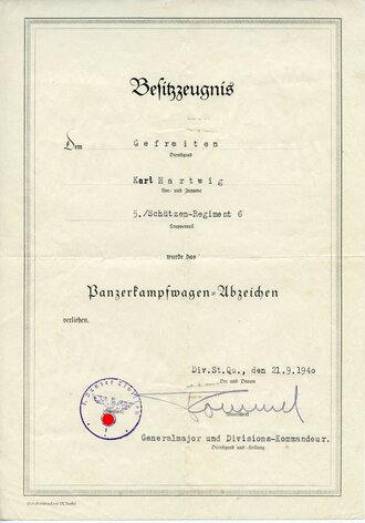 Nachlass des Trägers der Ehrenblattspange des Heeres Karl Hartwig.