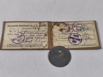 Russland 2. Weltkrieg, Sowjetunion, Pass mit Metallmarke, Leningrad Mjasokombinat, datiert 1940/41