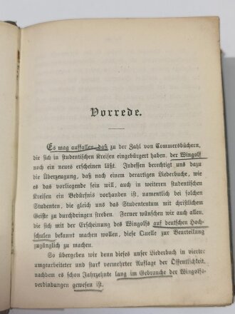 Studentenverbindung/Burschenschaft, Liederbuch des Wingolf, mit handschriftl. Widmung "Bonner Wingolf" 1906, 8 Biernägel, Gannzfarbschnitt, 636 Seiten, Leipzig 1893