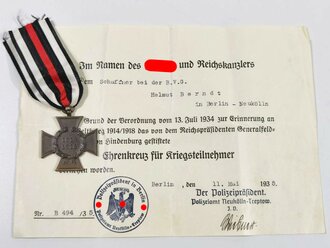 Ehrenkreuz für Kriegsteilnehmer am Band mit Verleihungsurkunde