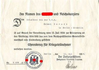 Ehrenkreuz für Kriegsteilnehmer am Band mit Verleihungsurkunde