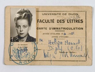 Frankreich nach 1945, Studentenausweis einer Studentin der Universität Dijon, 1950/51, 8 x 12 cm