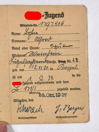 HJ-Mitgliedausweis, Gebiet 21 (Baden) Weinheim, 25. Oktober 1937, DIN A7, gebraucht