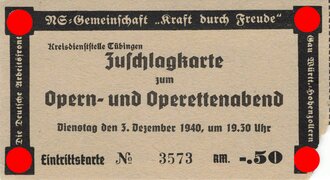 DAF/KdF, Zuschlagkarte zum Opern- und Operettenabend, Gau Württemberg-Hohenzollern, Kreisdienststelle Tübingen, 3. Dezember 1940, 6,5 x 11,5