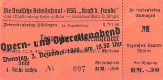 DAF/KdF, Eintrittskarte für Operettenabend, Gau Württemberg-Hohenzollern, Kreisdienststelle Tübingen, 3. Dezember 1940, 6,5 x 11,5 cm