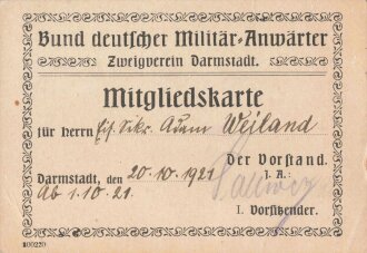 Mitgliedskarte "Bund deutscher Militär-Anwärter", Zweigverein Darmstadt, 20.10.1921, 8 x 11,5 cm