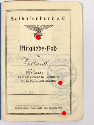 Mitglieds-Paß "Soldatenbund e.V.", mit "Kupons zum dem Soldbuch", Bundesgruppe Koblenz, 10. Februar 1920, guter Zustand