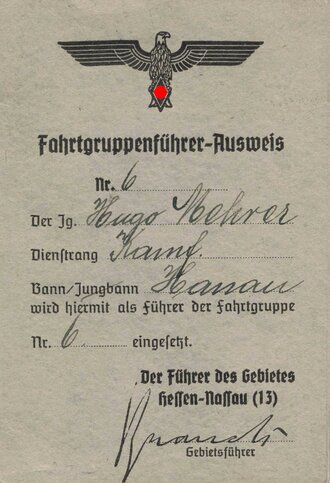 Hitler Jugend "Fahrtgruppenführer-Ausweis", Gebiet Hessen-Nassau (13), ca. 8 x 11,5 cm