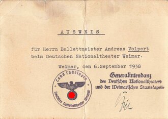 Ausweis für einen Balettmeister am Deutschen Nationaltheater in Weimar, 6. Septmeber 1938, gefaltet, 10,5 x 15 cm