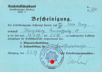 Reichsluftschutzbund, Bescheinigung über Teilnahme...