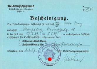 Reichsluftschutzbund, Bescheinigung über Teilnahme an Lehrgängen für Selbstschutzkräfte, Würzburg 1939, 10,5 x 15 cm, gebraucht