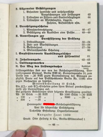 HJ-Leistungsbuch mit Lichtbild, Bann 80 Wiesbaden, Leistungsabzeichen in Bronze und HJ SChießauszeichnung eingetragen, Gutschein für Anstecknadel zum Leistungsabzeichen in Bronze, guter Zustand