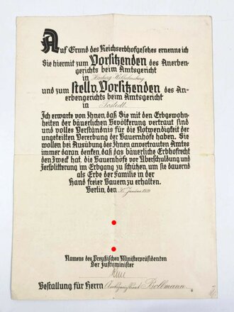 Autograph "Hanns Kerrl", Bestallungsurkunde "Ernennung zum Vorsitzenden des Anerbengerichts", 