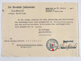 Autograph "Hanns Kerrl", Bestallungsurkunde "Ernennung zum Vorsitzenden des Anerbengerichts", 