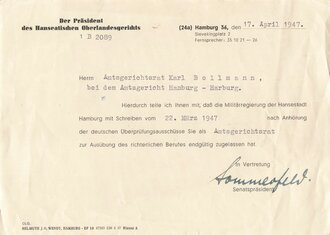 Deutschland nach 1945,  Mitteilung "als Amtsgerichtsrat endgültig zugelassen", Amtsgericht Hamburg-Harburg, gez. Senatspräsident Heinz "Sommerfeld", 17. April 1947, DIN A5