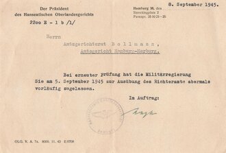 Nachkrieg, Mitteilung über erneute "Zulassung zum Richteramt", Amtsgericht Hamburg-Harburg, unbekannte Signatur, 8. September 1945, DIN A5, gebraucht