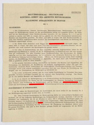 Nachkrieg 1945, Militärregierung Deutschland "Allgemeine Anweisungen an Richter No. 1", zweisprachiges Faltblatt (Dt./Eng.), DIN A4, gefaltet