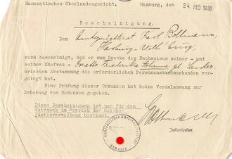 Hanseatisches Oberlandesgericht Hamburg, Bescheinigung über Nachweis Arischer Abstammung eines Amtsgerichtsrats, Hamburg 24. Februar 1938, DIN A5, gebraucht