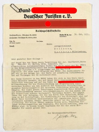 BNSDJ Bund Nationalsozialistischer Deutscher Juristen, Mitteilung über Aufnahmeantrag, gez. Reichsgeschäftsführer "Wilhelm Heuber", Berlin 30. Oktober 1933, DIN A4, gefaltet