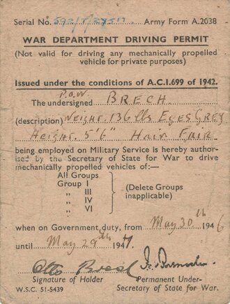 Nachkrieg, Führerschein der Militärregierung "War Department Driving Permit", 30. Mai 1946, gebraucht