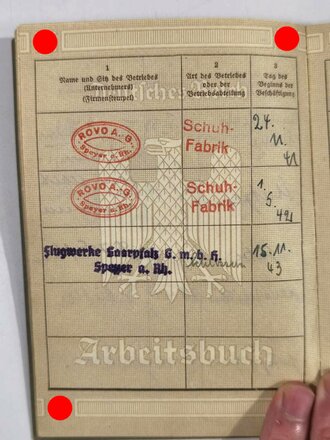 Arbeitsbuch einer Mitarbeiterin der "Flugwerke Saarpfalz/Speyer", bis 31. März 1945, guter Zustand