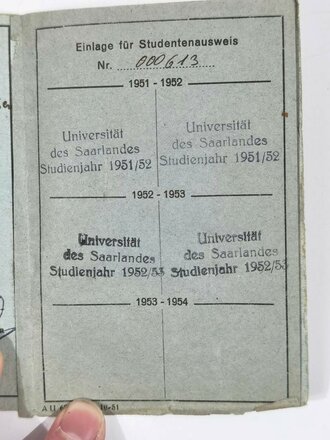 Studienbuch und Studentenausweis "Universität des Saarlandes", Wirtschaftswissenschaften, Saarbrücken 27.1.1949, DIN A5, gebraucht