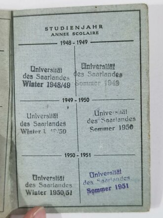 Studienbuch und Studentenausweis "Universität des Saarlandes", Wirtschaftswissenschaften, Saarbrücken 27.1.1949, DIN A5, gebraucht