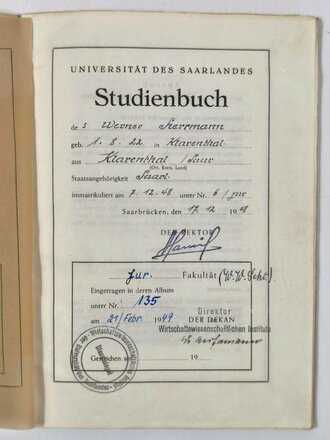 Studienbuch und Studentenausweis "Universität des Saarlandes", Wirtschaftswissenschaften, Saarbrücken 27.1.1949, DIN A5, gebraucht