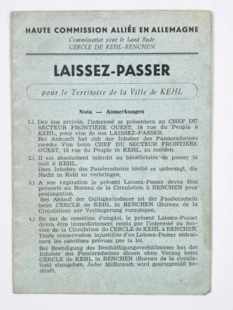Nachkrieg, Passierschein für Kehl, Französische Besatzungszone, 13. Dezember 1951, gebraucht