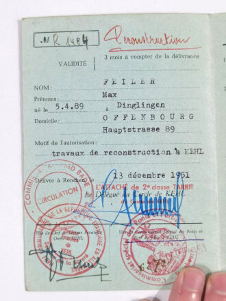 Nachkrieg, Passierschein für Kehl, Französische Besatzungszone, 13. Dezember 1951, gebraucht