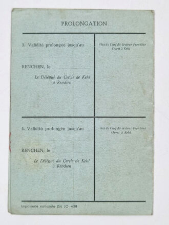 Nachkrieg, Passierschein für Kehl, Französische Besatzungszone, 13. Dezember 1951, gebraucht