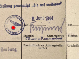 UK-Karte von "Rüstungskommando Freiburg" für einen Gefreiten des Infanterieregiments 17, Freiburg i. Br. 1944, gebraucht