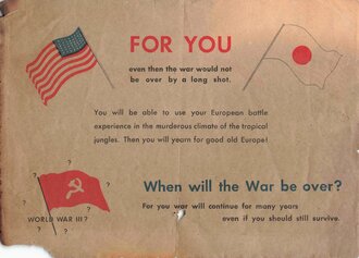 U.S. Flugblatt "When will the War be over?", Sgt. George Atkinson (84th Div.), 20,5 x 15 cm, gebraucht, Brandspuren