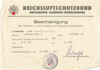 Reichsluftschutzbund RLB, Bescheinigung über Teilnahme an einem Lehrgang, Ortsgruppe Harburg-Wilhelmsburg/ Landesgruppe Nordmark, 3. Juni 1937, DIN A5, gebraucht