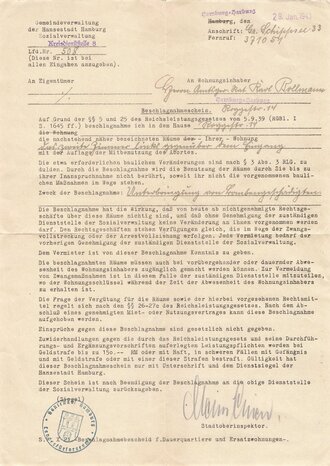 Luftkrieg, Beschlagnahmeschein/Beschlagnahmebescheid "Unterbringung von Bombengeschädigten", Gemeindeverwaltung der Hansestadt Hamburg, 29. Januar 1943, DIN A4, gefaltet