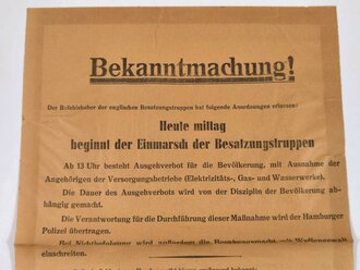 Kriegsende 1945, Bekanntmachung "Einmarsch der Besatzungstruppen", Hamburg 3. Mai 1945, 47 x 32 cm, gefaltet, gebraucht, guter Zustand