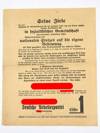 Wahlwerbung/Flugblatt "Adolf Hitler und der Arbeiter!", NSDAP Liste 1, Reichstagswahl 5. März 1933, Faltblatt ca. 32 x 26 cm, gebraucht, guter Zustand