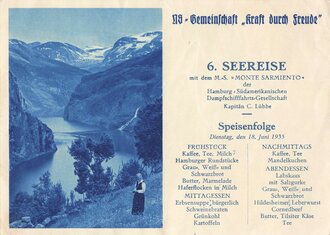 KdF, Ansichtskarte mit Speisefolge, 6. Seereise mit dem M.S. "Monte Sarmiento", 18. Juni 1935, ca. 10.5 x 15 cm, guter Zustand