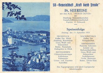 KdF, Ansichtskarte mit Speisefolge, 38. Seereise mit dem M.S. "Monte Olivia", 15. September 1935, ca. 10.5 x 15 cm, guter Zustand