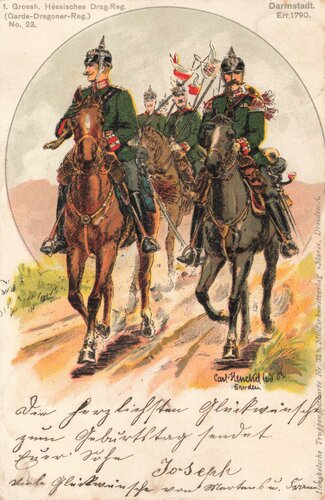 Ansichtskarte "1. Grossh. Hessisches Drag. Reg. (Garde-Dragon-Reg.) Nr. 23, Darmstadt Err. 1790"