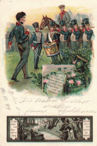 Ansichtskarte "Was stellen sich die Soldaten auf? Was läuft das Volk so wild zu Hauf? Rosen blühen auf dem Heidegrab"