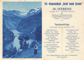 KdF, Ansichtskarte mit Speisefolge, 38. Seereise mit dem M.S. "Monte Olivia", 14. September 1935, ca. 10.5 x 15 cm, guter Zustand
