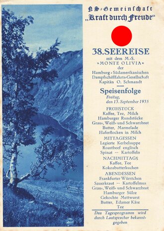 KdF, Ansichtskarte mit Speisefolge, 38. Seereise mit dem M.S. "Monte Olivia", 13. September 1935, ca. 10.5 x 15 cm, guter Zustand